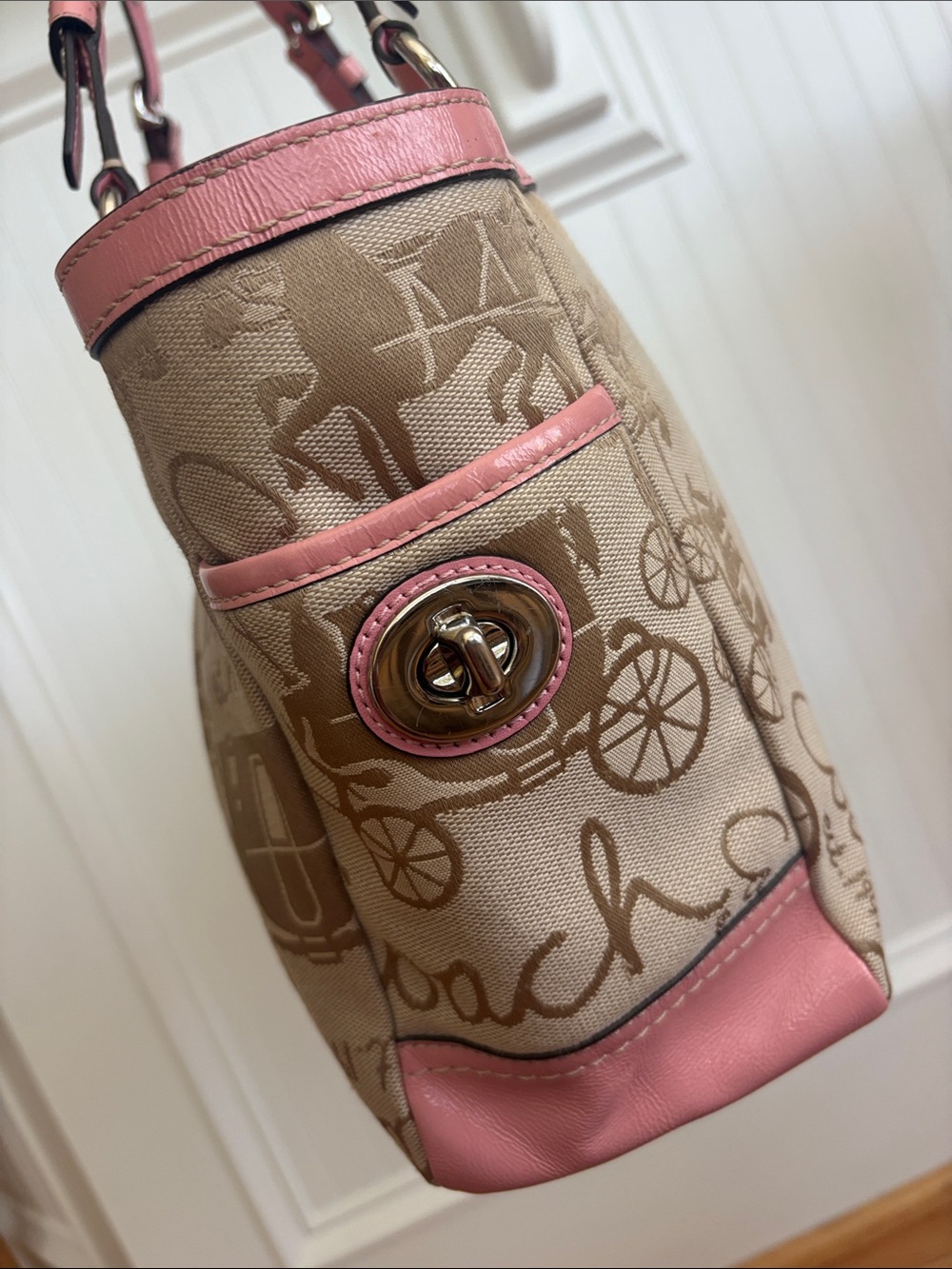 Coach Horse & Carriage Pleated Gallery Tote Pink Leather Khaki Y2K Shoulder Bag - Picture 6 of 17
